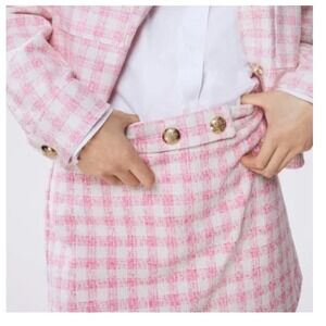 NWT Zara Tweed Skort Women Medium Pink Gingham Plaid Gold Button High Waist